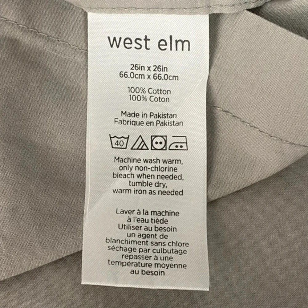 West Elm Euro Sham Handstitched Quilted 26in x26in‎ Gray 100% Cotton
